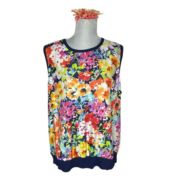 Lauren Ralph Lauren 2XSleeveless Floral Silk Front Knit Back Top Navy Multicolor - Picture 2 of 12